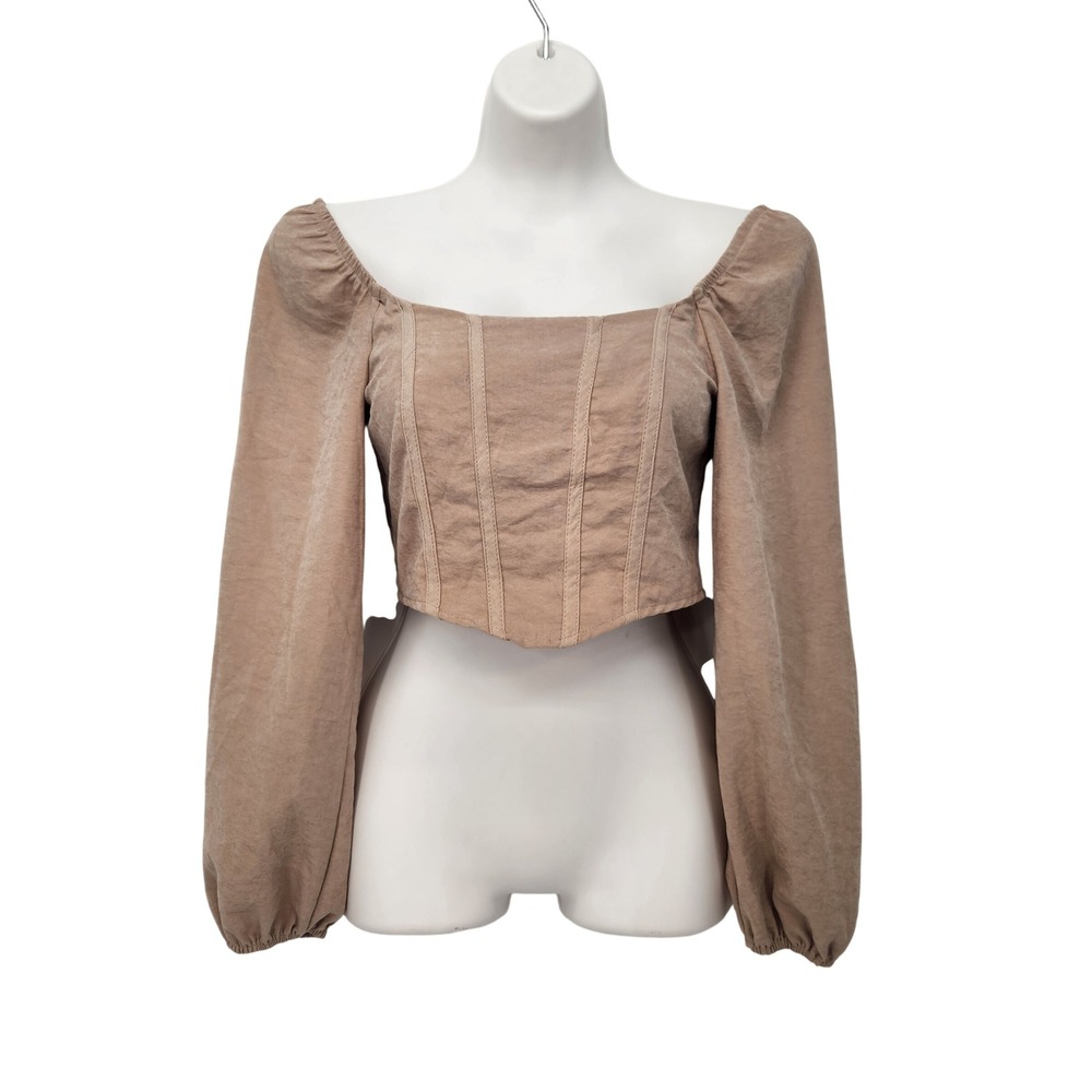 Kirious Los Angeles Tan Faux Suede Cropped Corset Top Long Balloon Sleeve Small